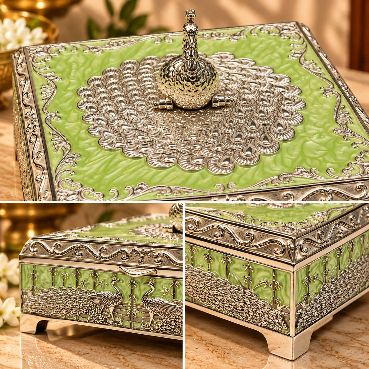 Peacock Design Green German Silver Storage Box | Decorative Keepsake & Jewellery Box