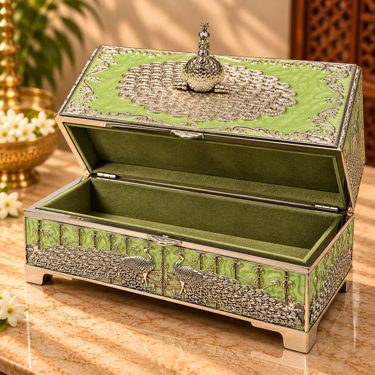 Peacock Design Green German Silver Storage Box | Decorative Keepsake & Jewellery Box