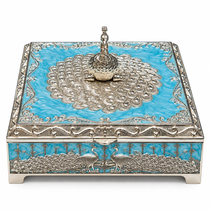 Peacock Design Blue German Silver Storage Box