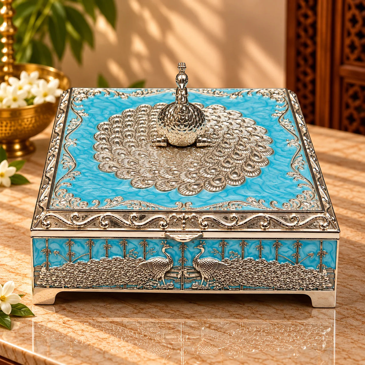 Peacock Design Blue German Silver Storage Box | Decorative Keepsake & Jewellery Box
