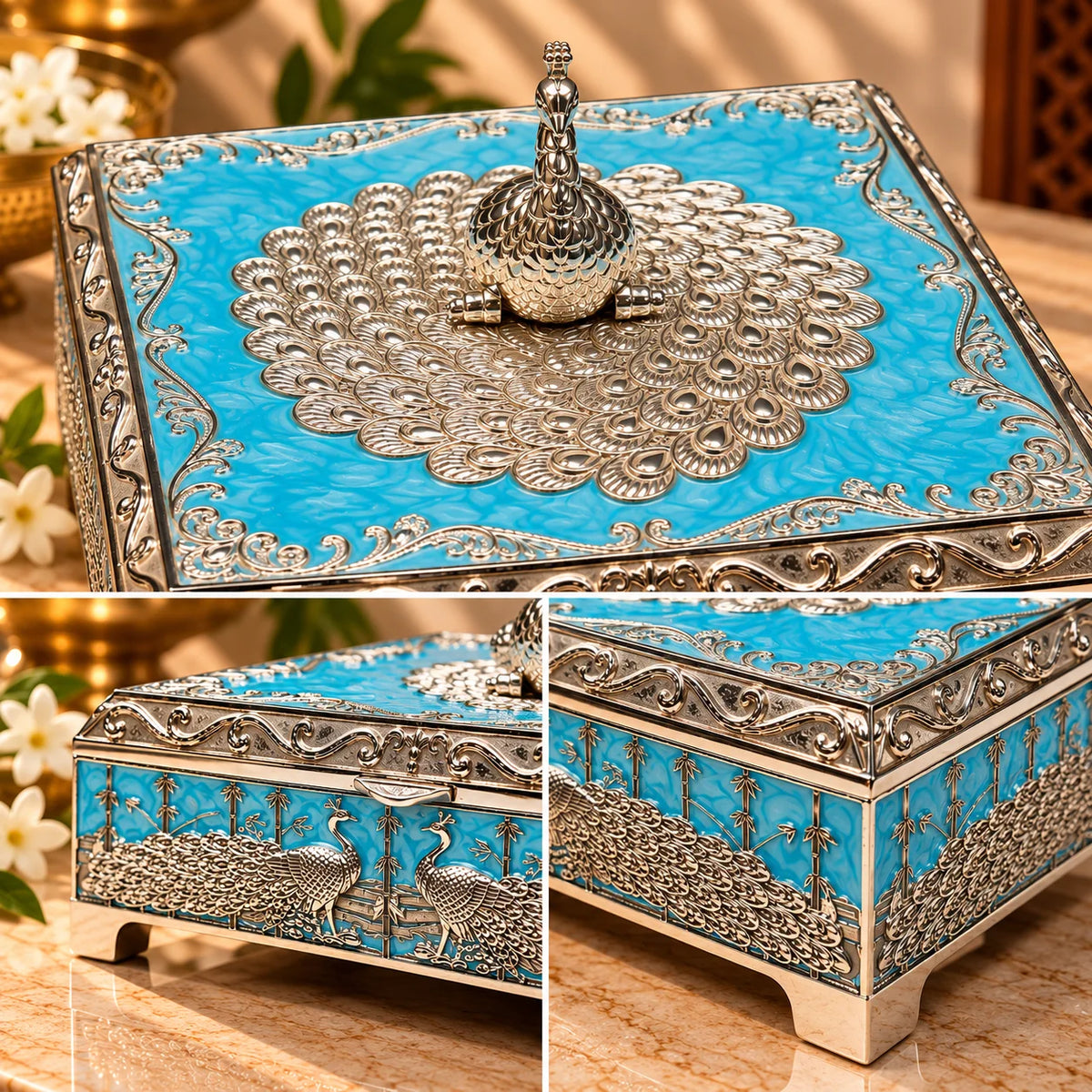 Peacock Design Blue German Silver Storage Box | Decorative Keepsake & Jewellery Box