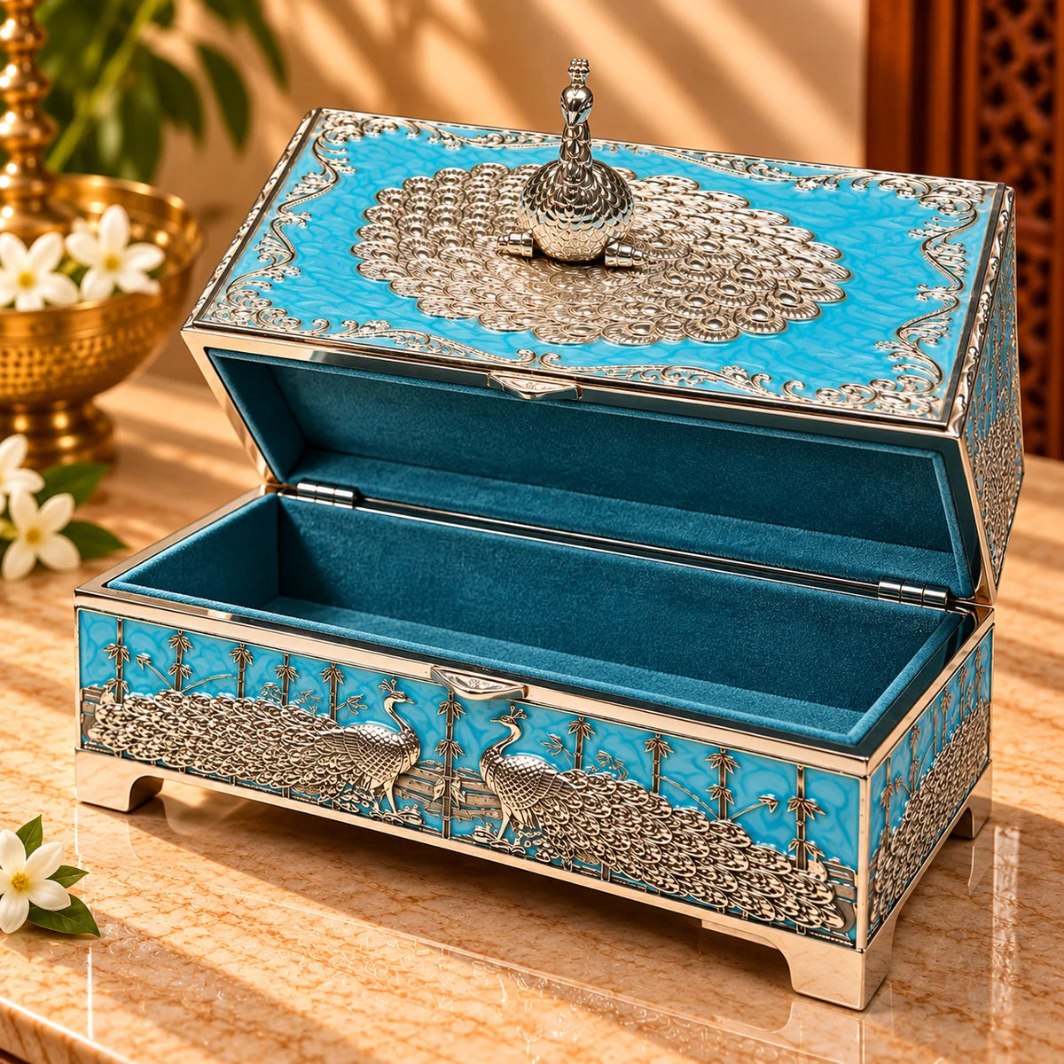 Peacock Design Blue German Silver Storage Box | Decorative Keepsake & Jewellery Box