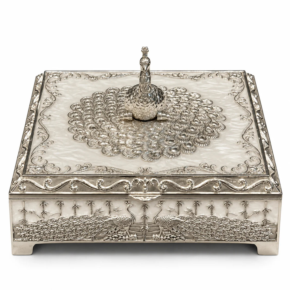 Peacock Design Silver Keepsake Box | Handcrafted Decorative Storage Box