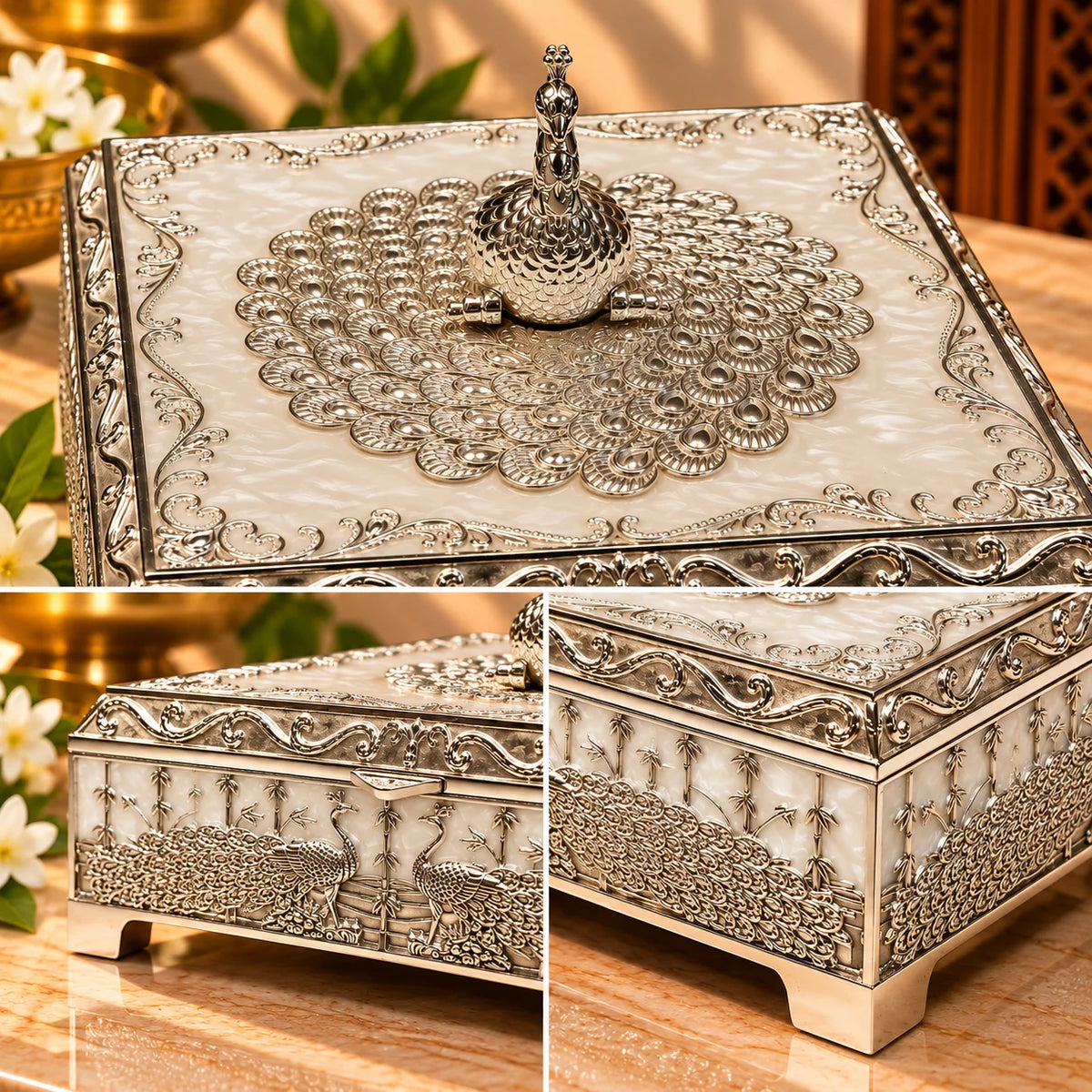 Peacock Design Silver Keepsake Box | Handcrafted Decorative Storage Box