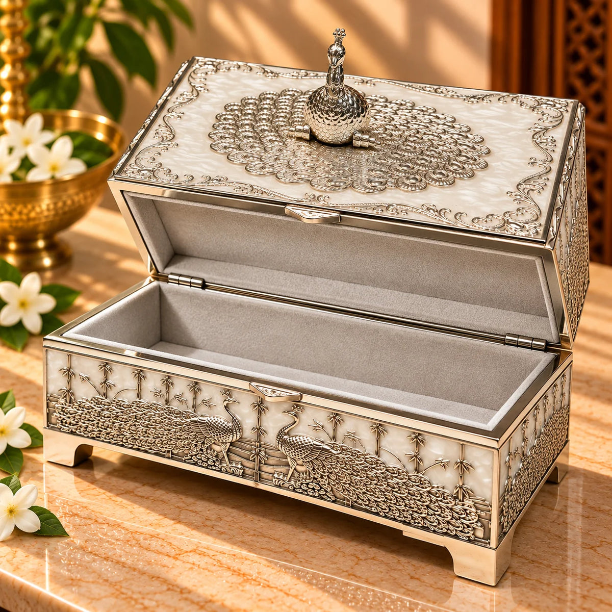 Peacock Design Silver Keepsake Box | Handcrafted Decorative Storage Box