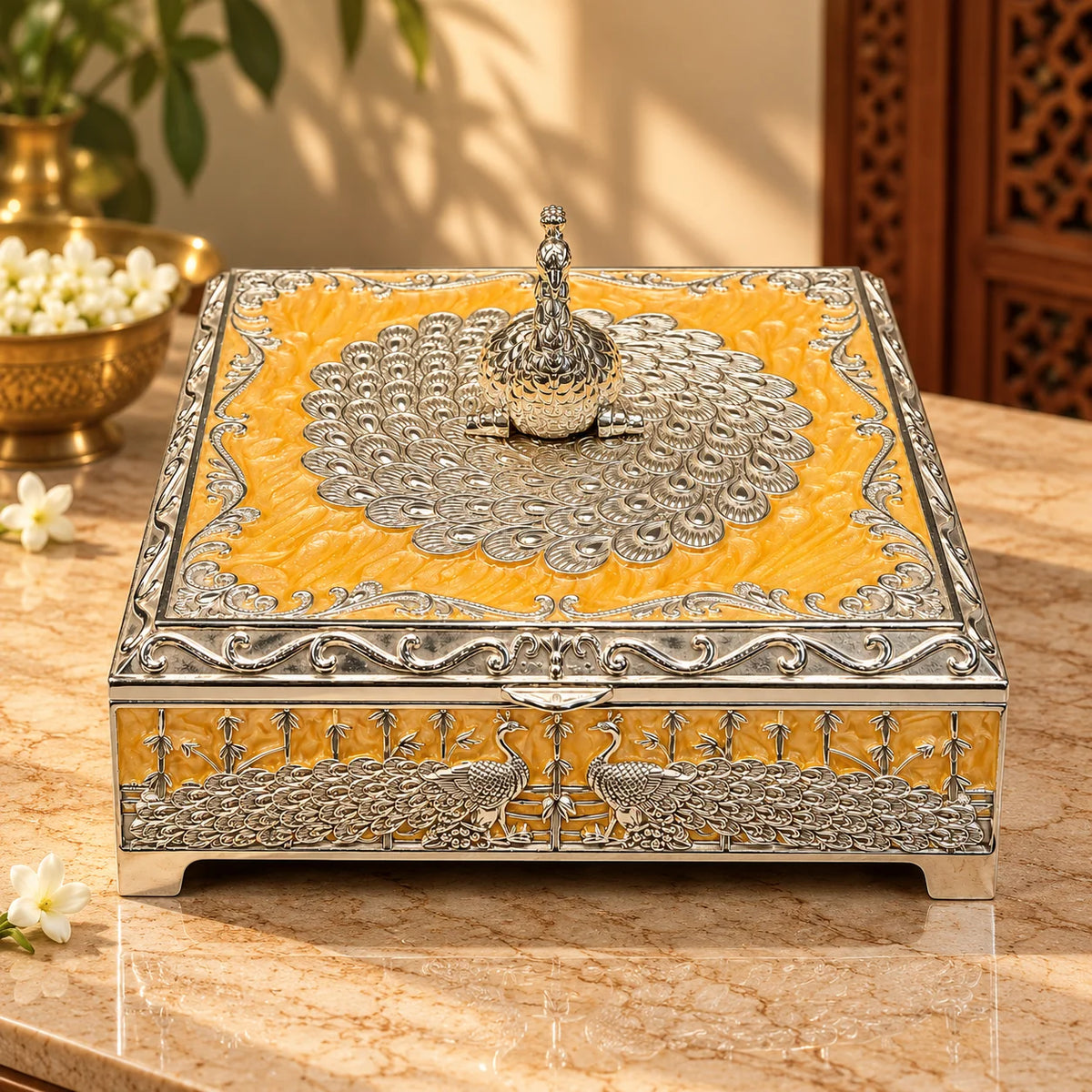 Peacock Motif Silver Keepsake Box | Traditional Decorative Storage Box