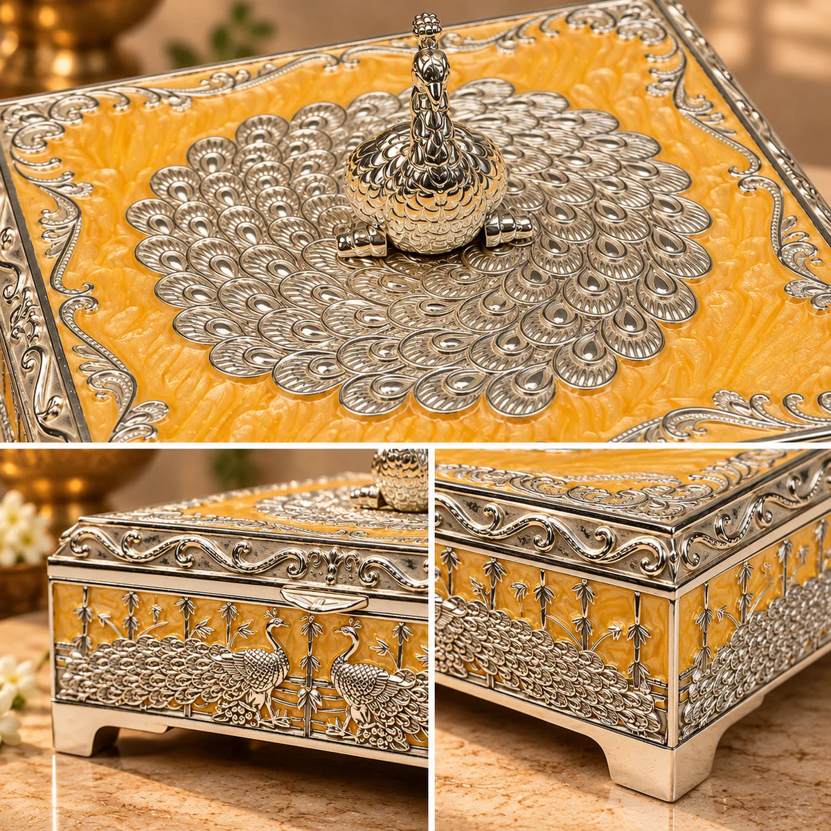Peacock Motif Silver Keepsake Box | Traditional Decorative Storage Box
