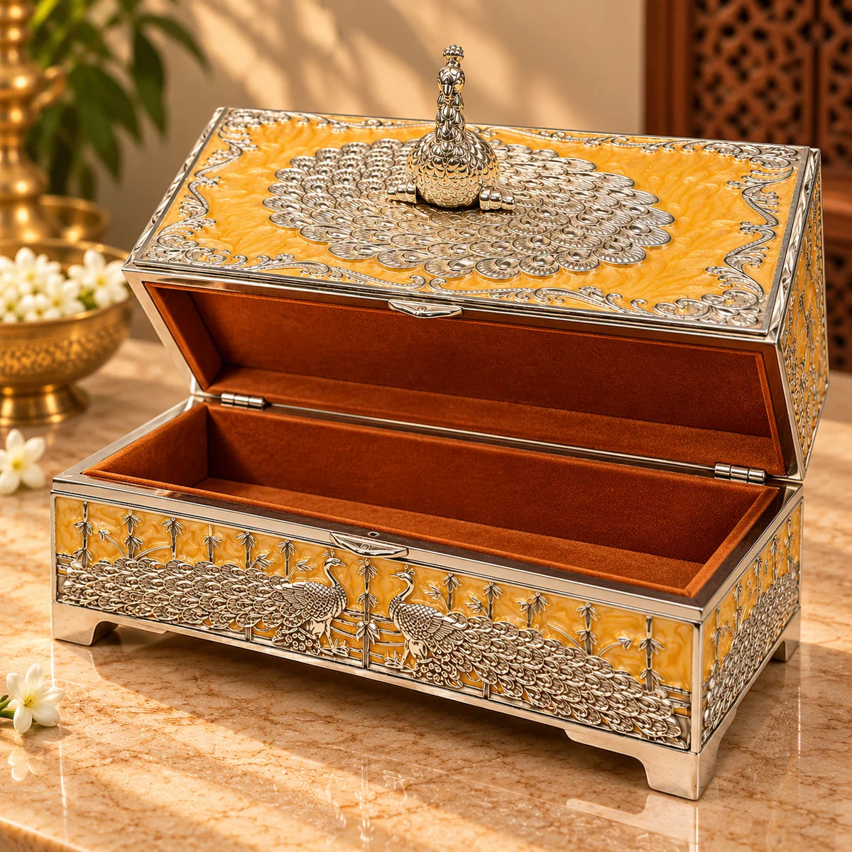 Peacock Motif Silver Keepsake Box | Traditional Decorative Storage Box