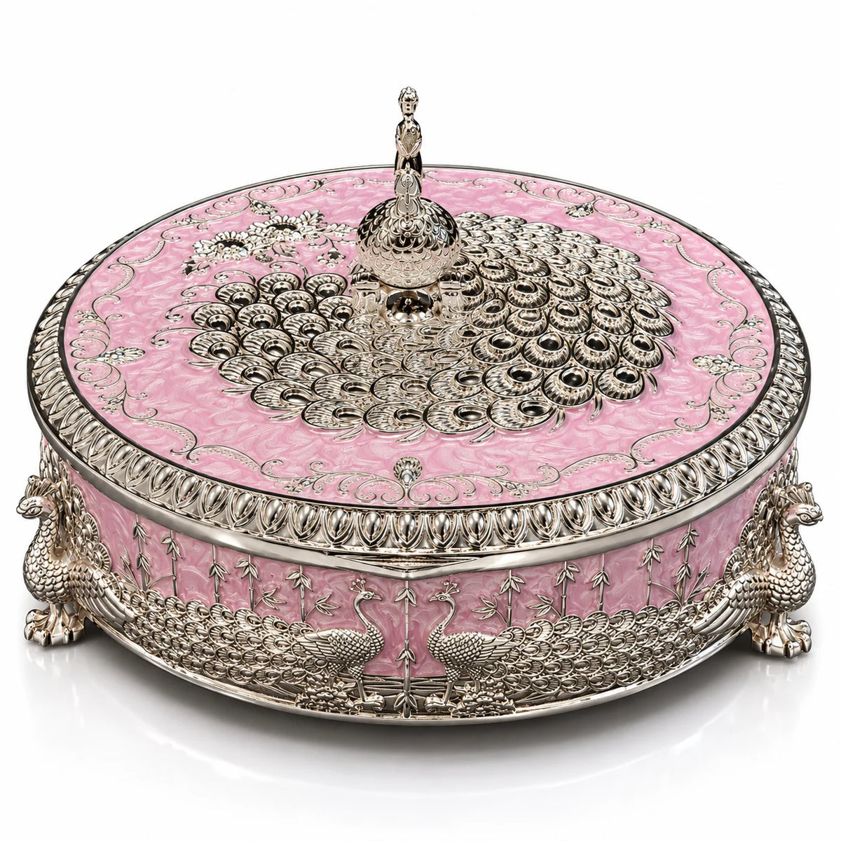 Pink Round Decorative Jewellery Box with Peacock Design