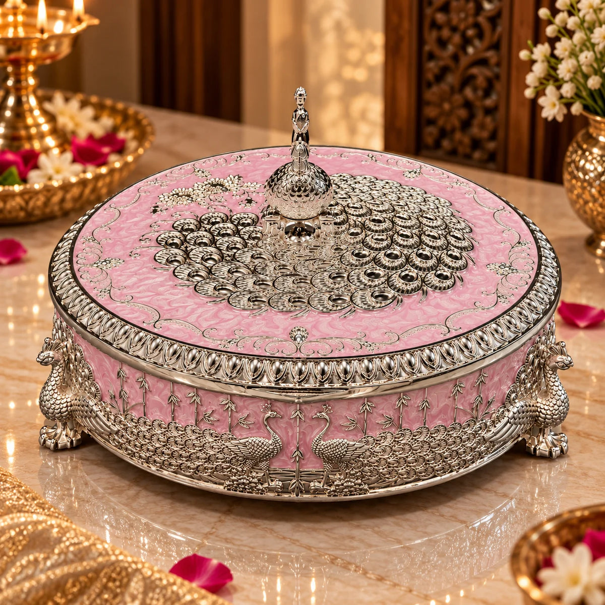 Pink Round Decorative Jewellery Box with Peacock Design