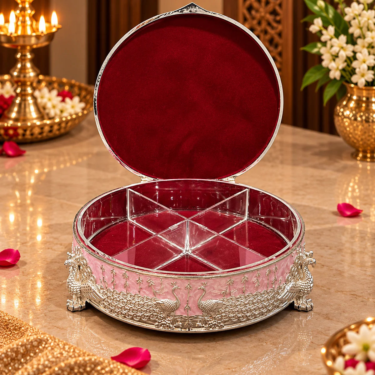 Pink Round Decorative Jewellery Box with Peacock Design