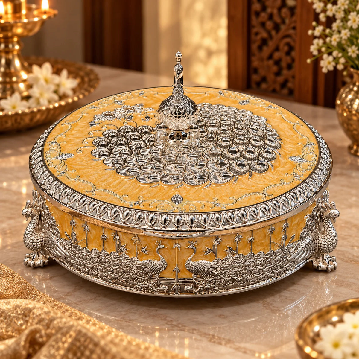 Yellow Round Decorative Jewellery Box with Peacock Design