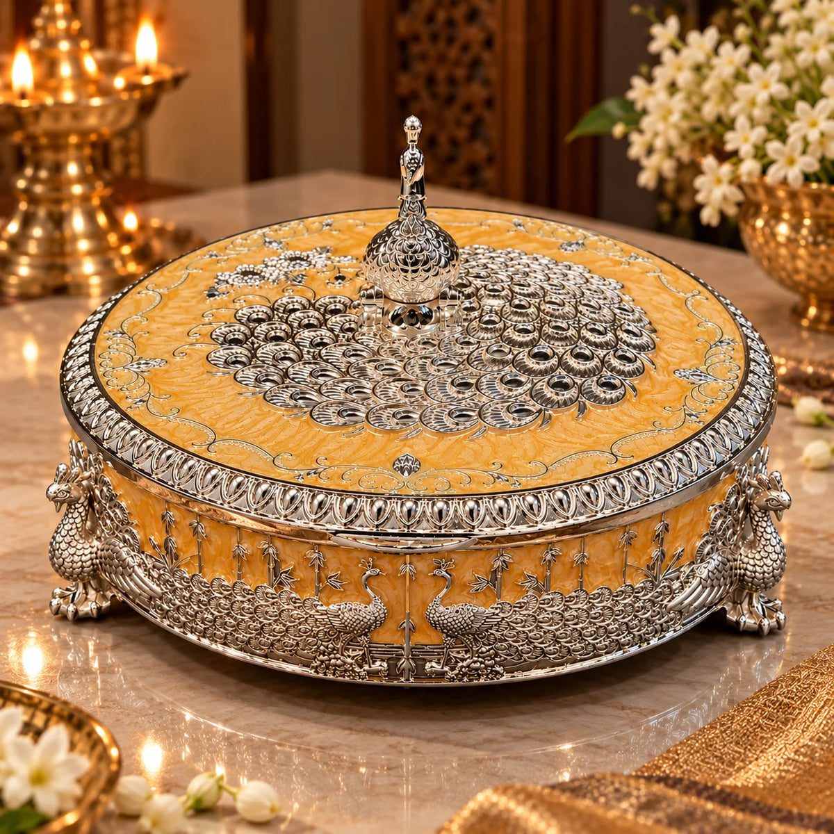 Yellow Round Decorative Jewellery Box with Peacock Design