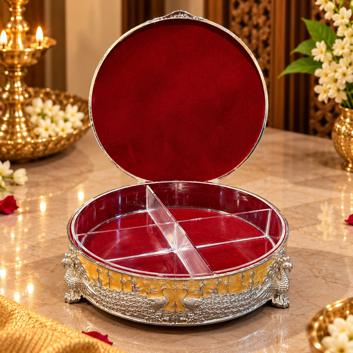 Yellow Round Decorative Jewellery Box with Peacock Design