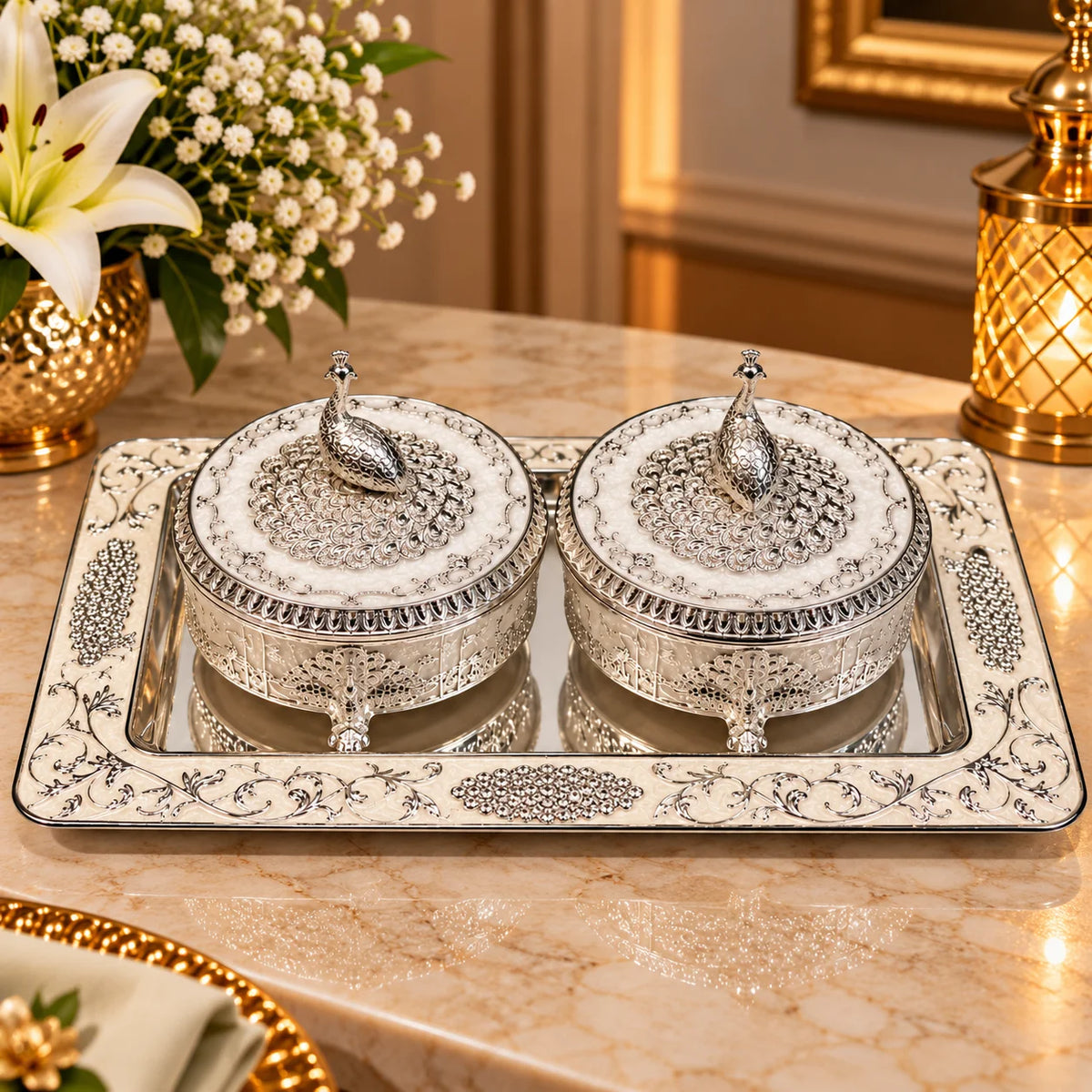 Silver Peacock Decorative Box and Tray Set