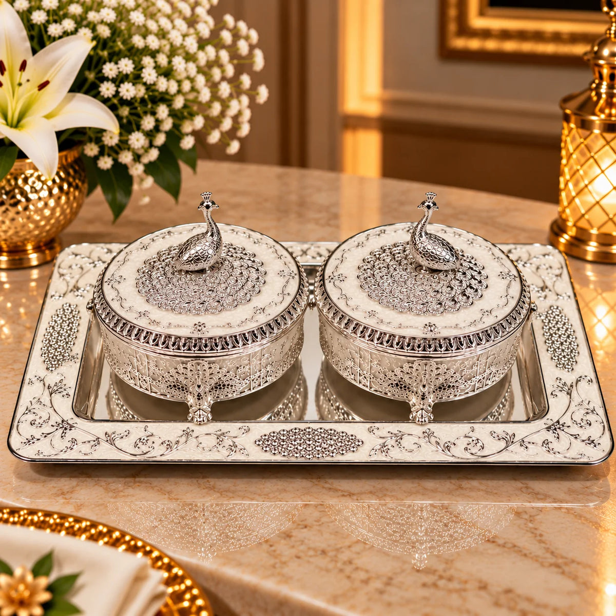 Silver Peacock Decorative Box and Tray Set