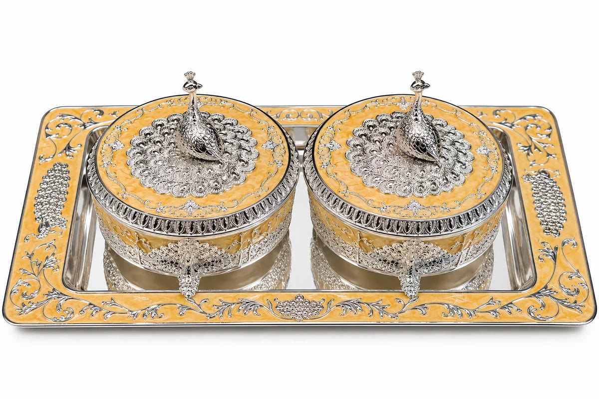 Yellow Peacock Decorative Box and Tray Set