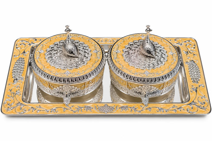 Yellow Peacock Decorative Box and Tray Set