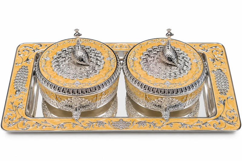 Yellow Peacock Decorative Box and Tray Set
