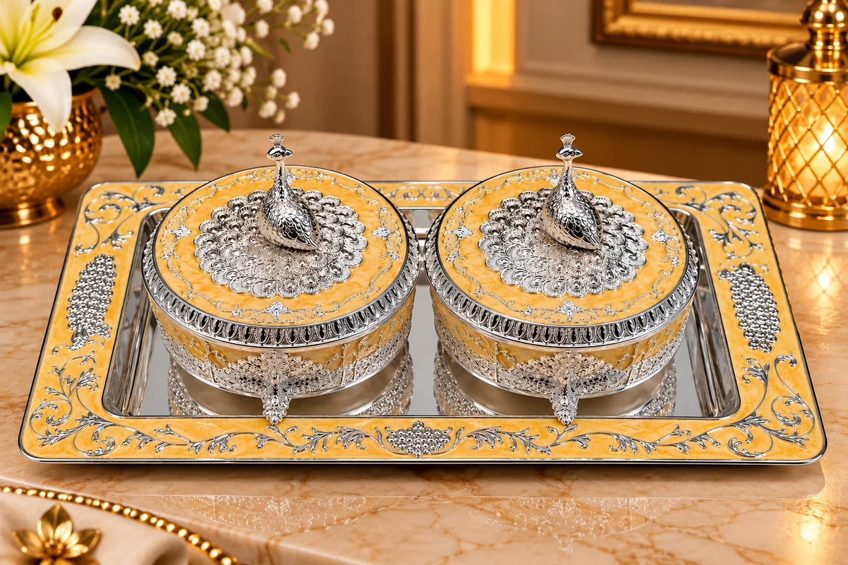 Yellow Peacock Decorative Box and Tray Set