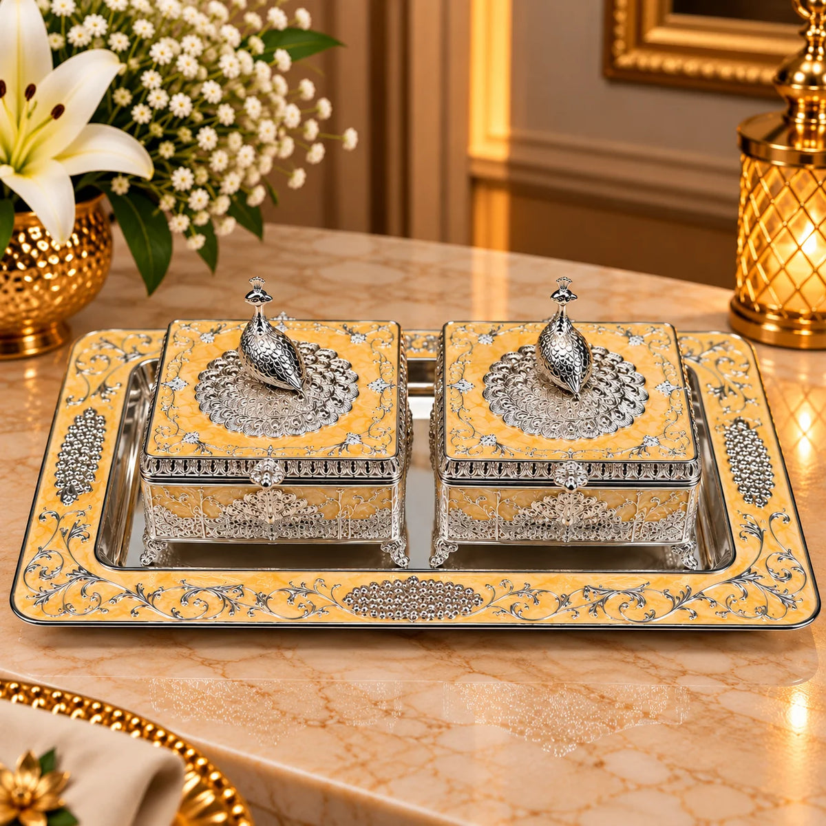 Yellow Peacock Decorative Box and Tray Set