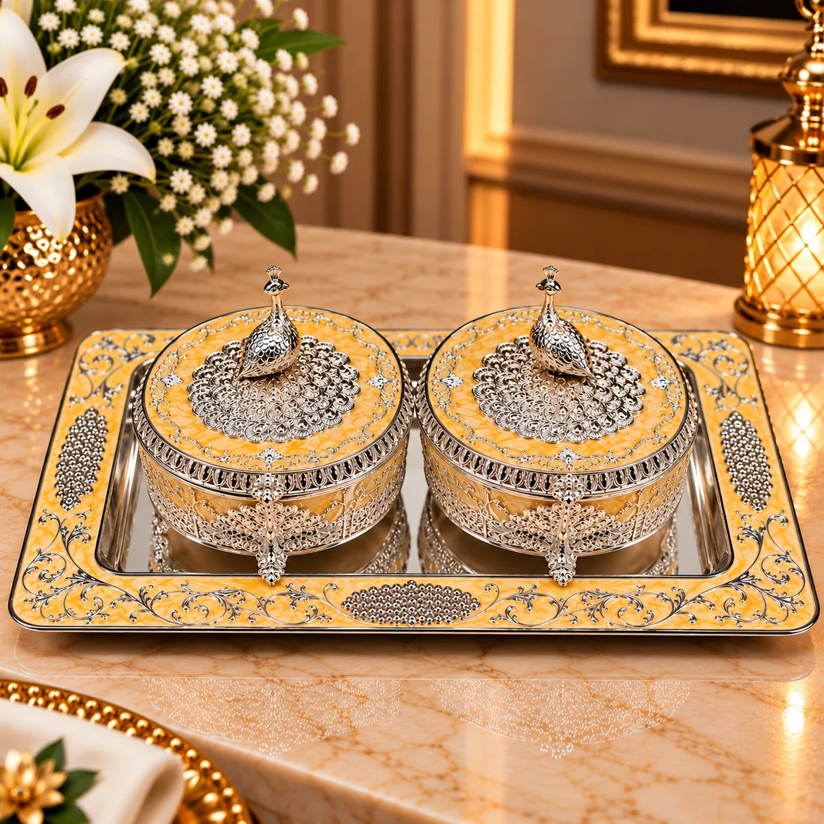 Yellow Peacock Decorative Box and Tray Set