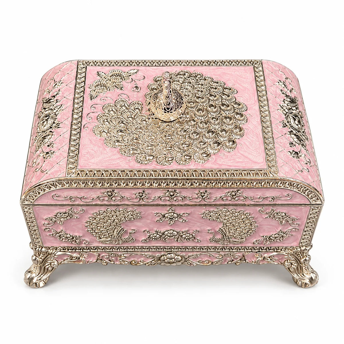 Pink Silver Peacock Embossed Decorative Jewellery Box