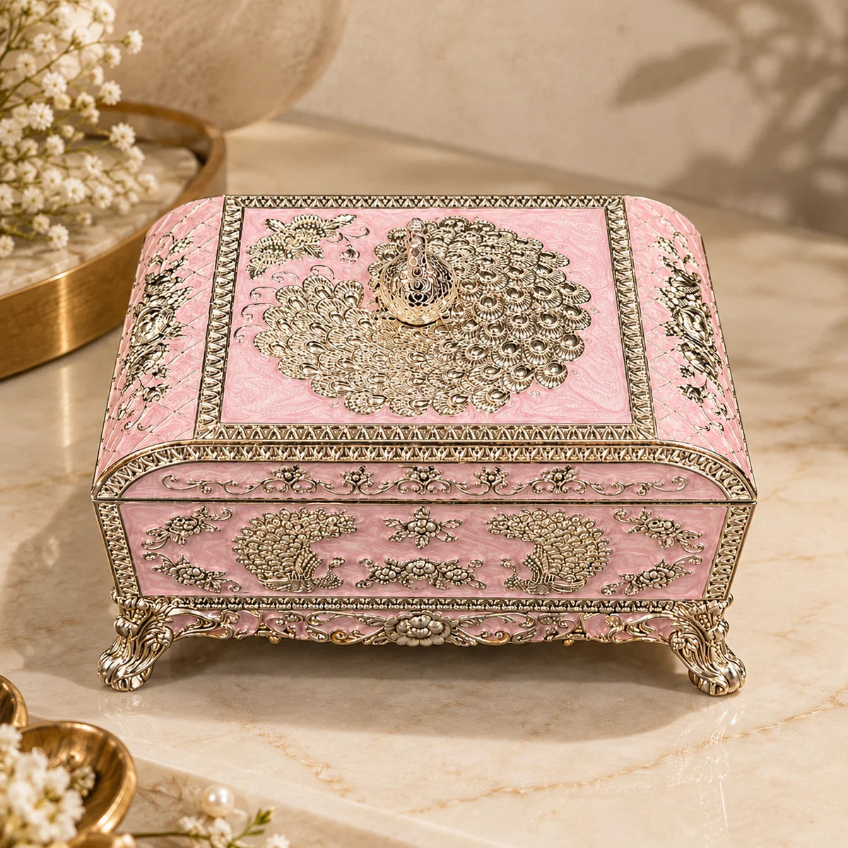 Pink Silver Peacock Embossed Decorative Jewellery Box