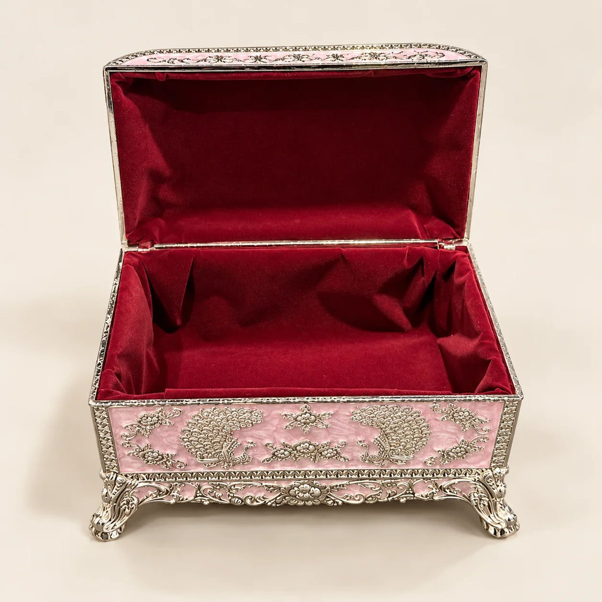 Pink Silver Peacock Embossed Decorative Jewellery Box