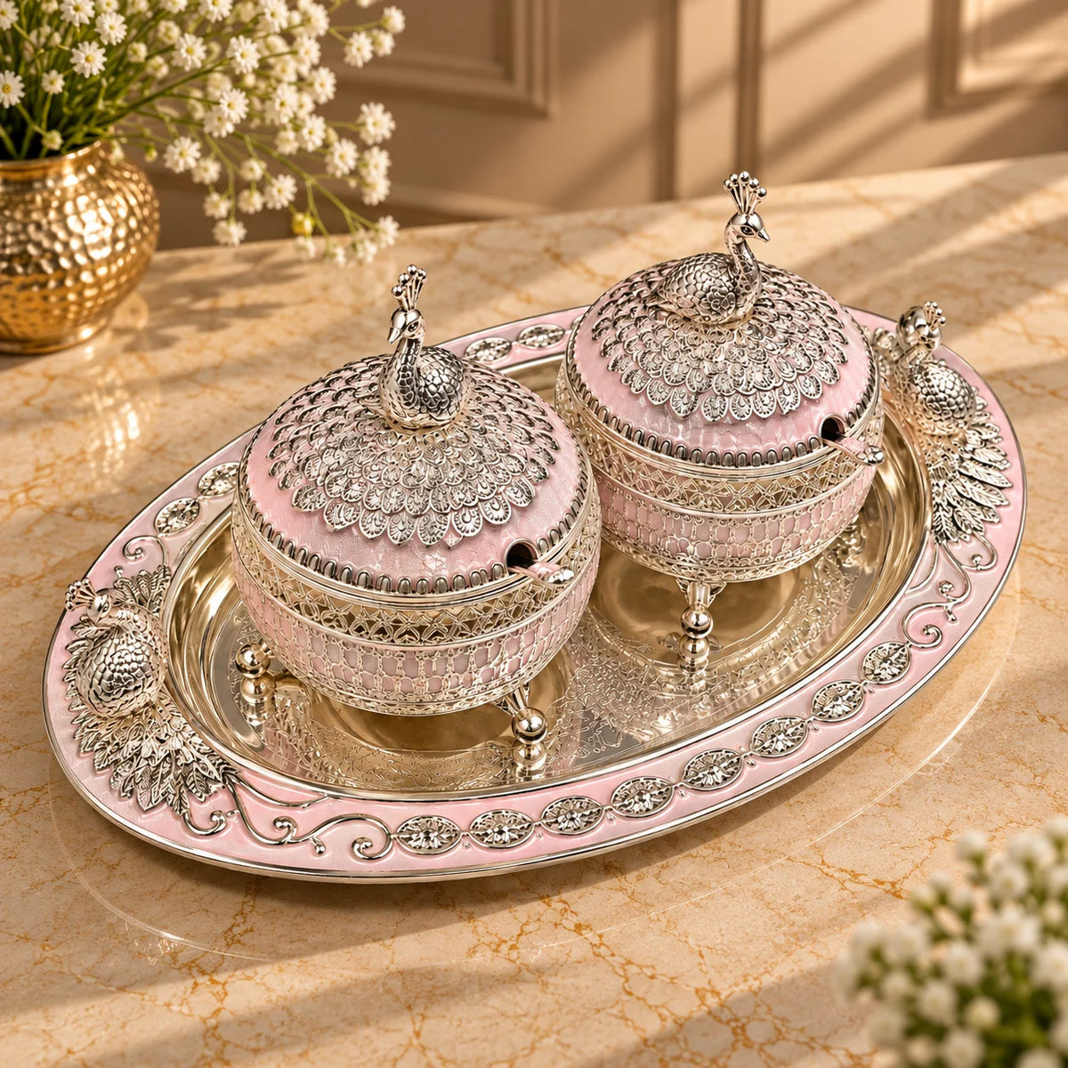 Pink Silver Embossed Decorative Twin Bowl Set with Oval Tray