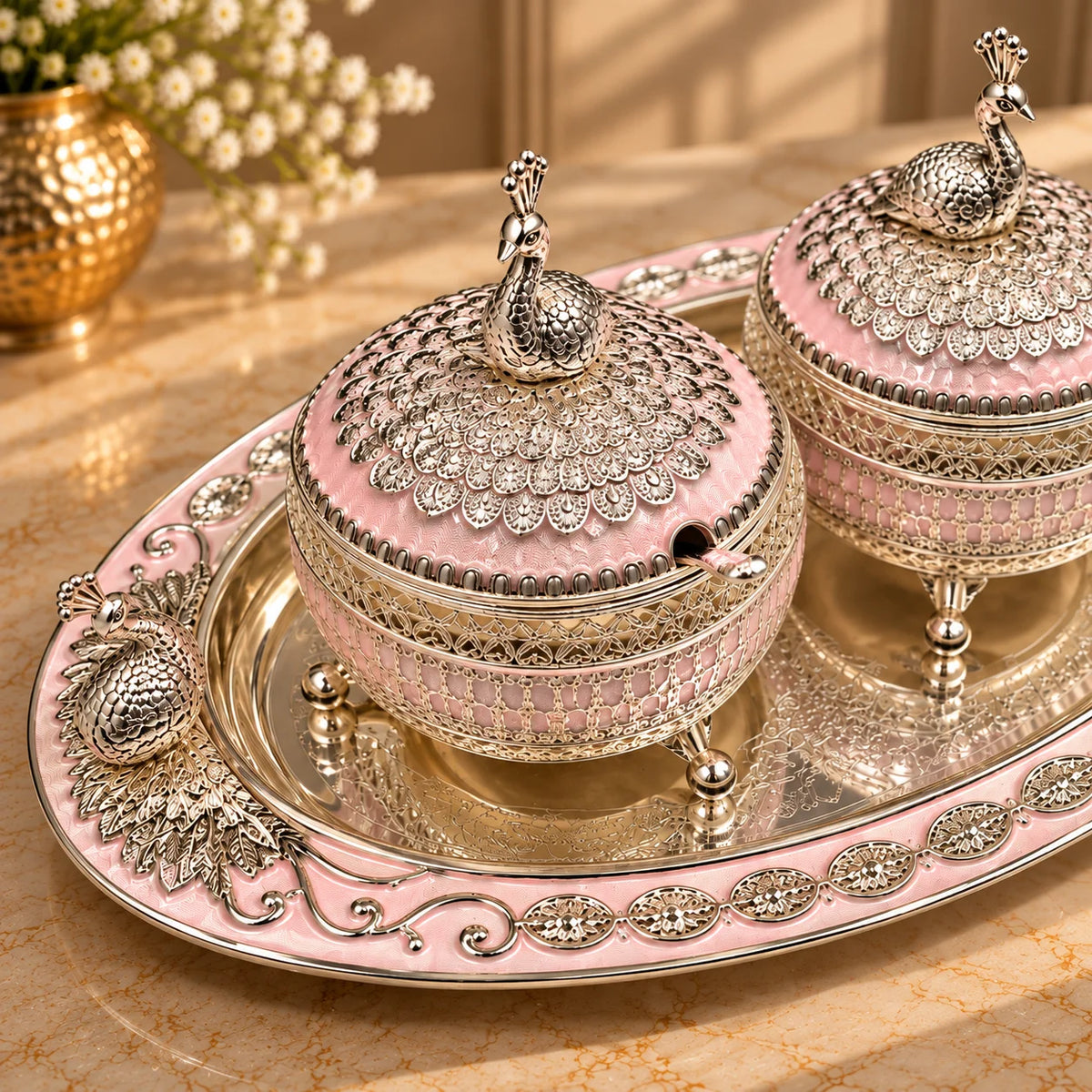 Pink Silver Embossed Decorative Twin Bowl Set with Oval Tray