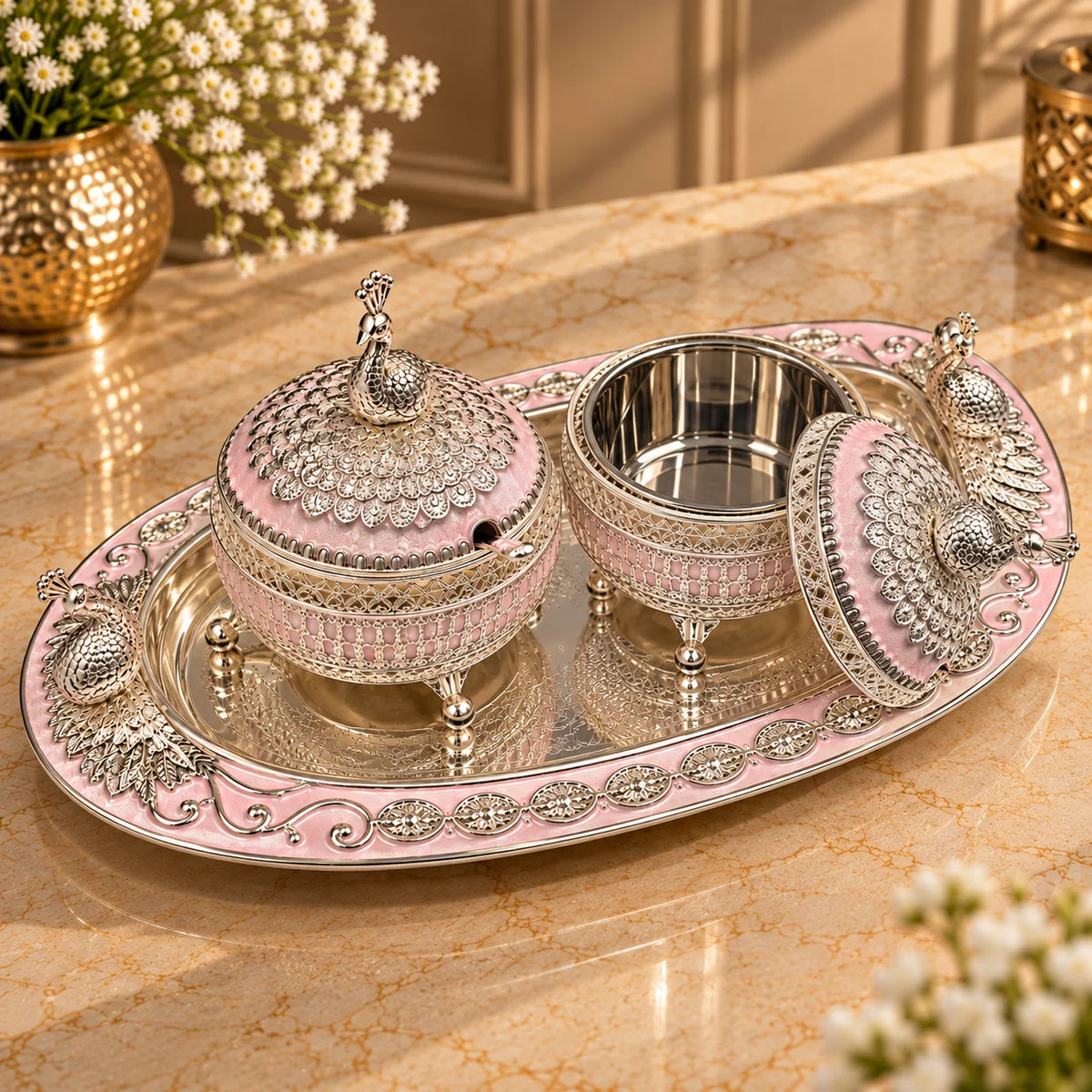 Pink Silver Embossed Decorative Twin Bowl Set with Oval Tray