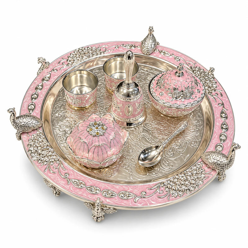 Pink Royal Peacock Pooja Thali Set with Decorative Accessories