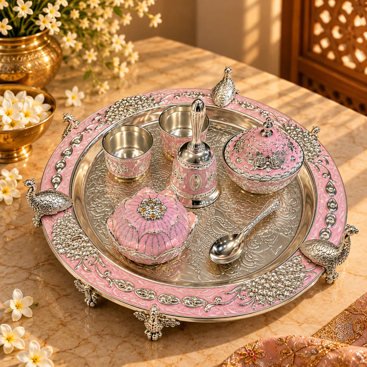 Pink Royal Peacock Pooja Thali Set with Decorative Accessories