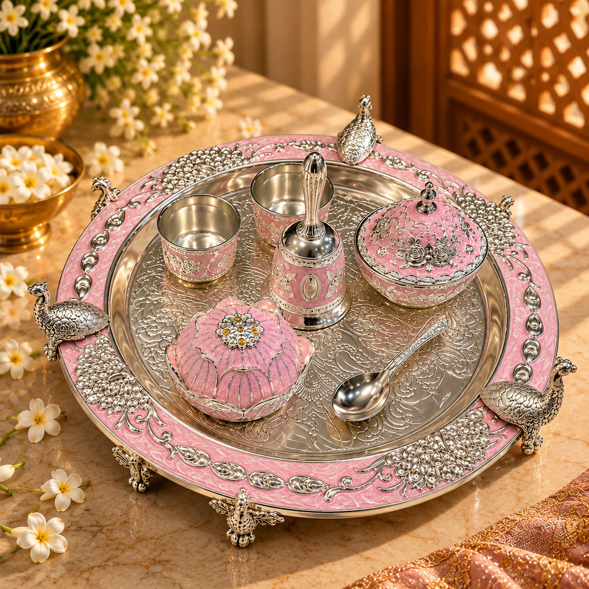 Pink Royal Peacock Pooja Thali Set with Decorative Accessories