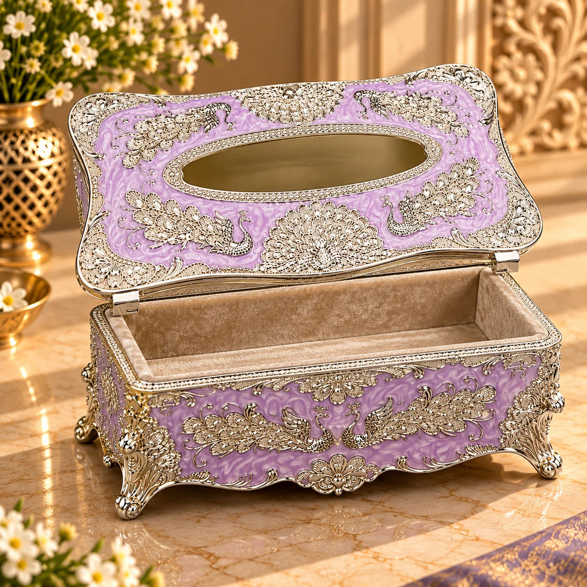 Lavender Peacock Decorative Tissue Box Holder