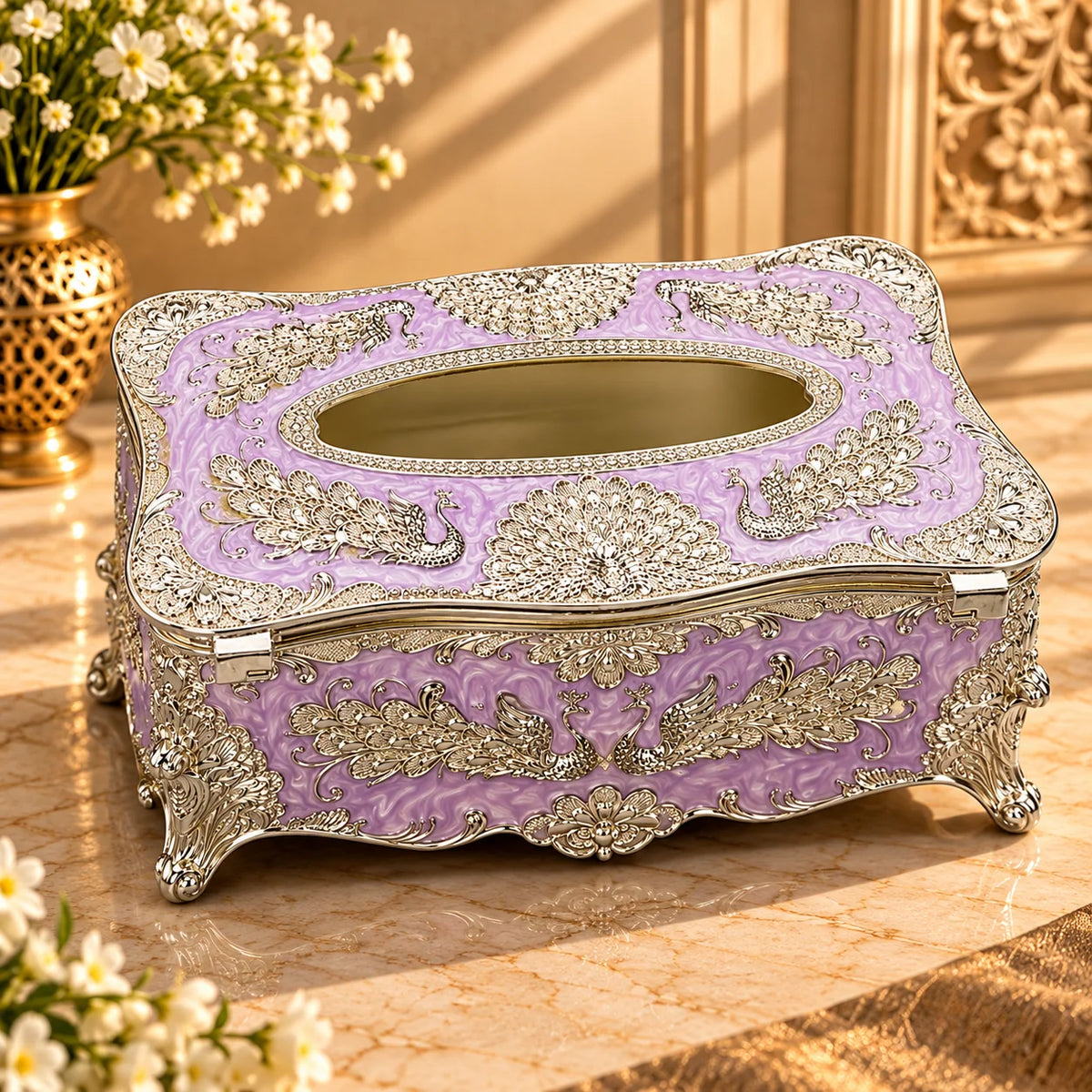 Lavender Peacock Decorative Tissue Box Holder