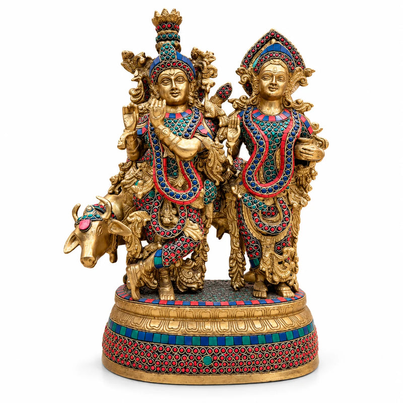 Antique Golden Radha Krishna Statue with Colorful Traditional Detailing and Cow
