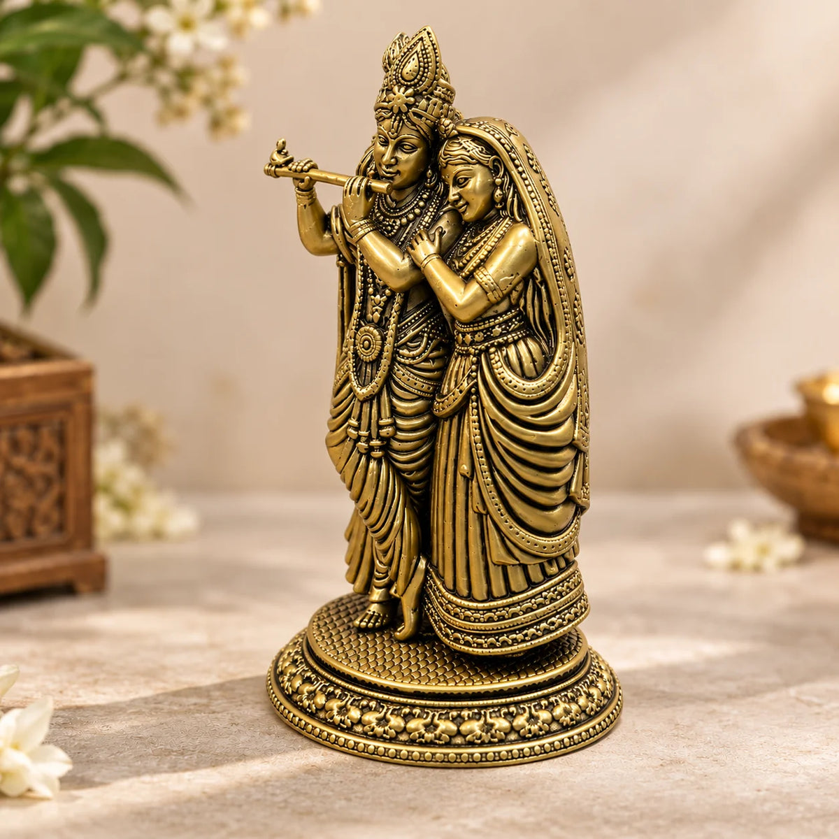 Antique Gold Radha Krishna Showpiece - Traditional Decorative Idol