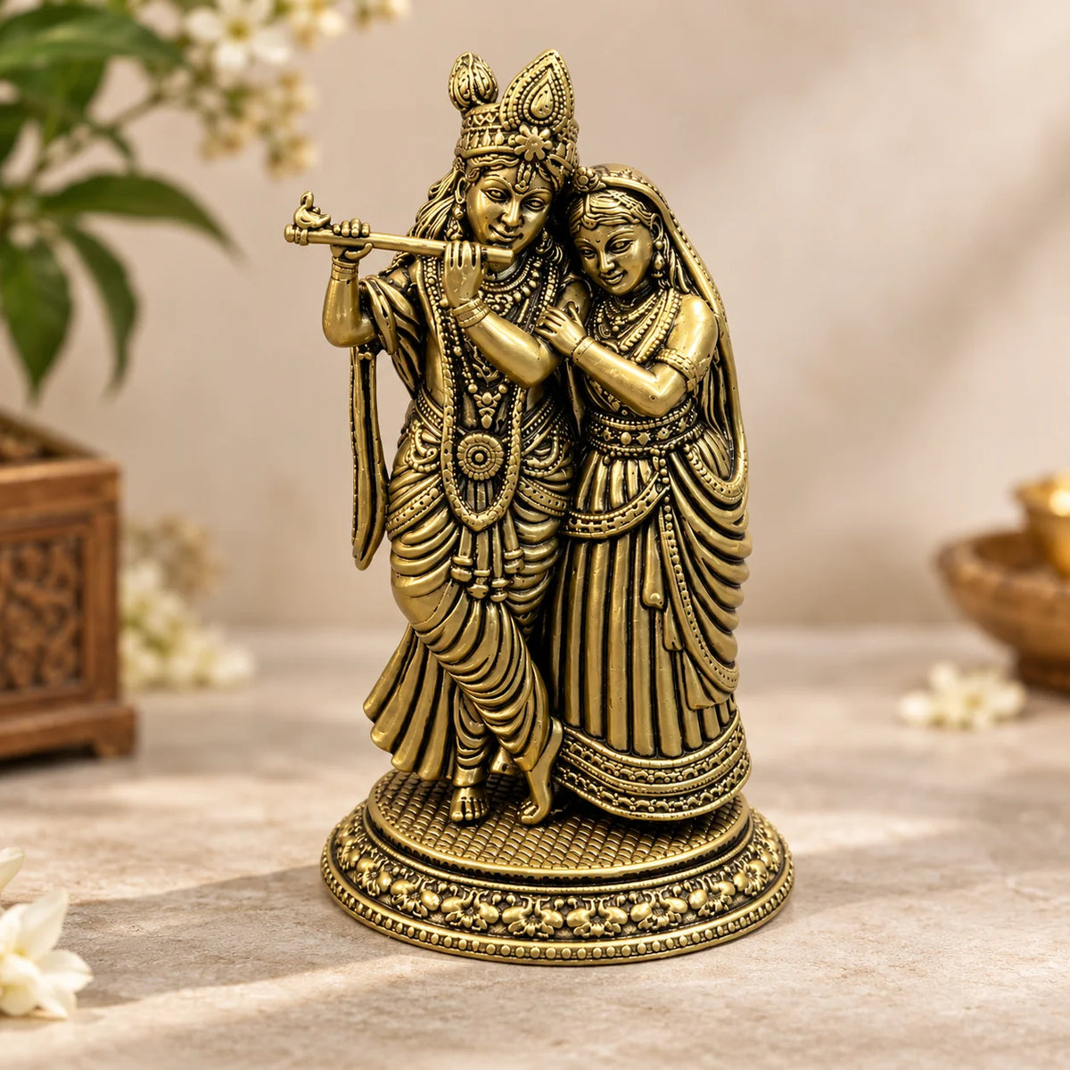 Antique Gold Radha Krishna Showpiece - Traditional Decorative Idol