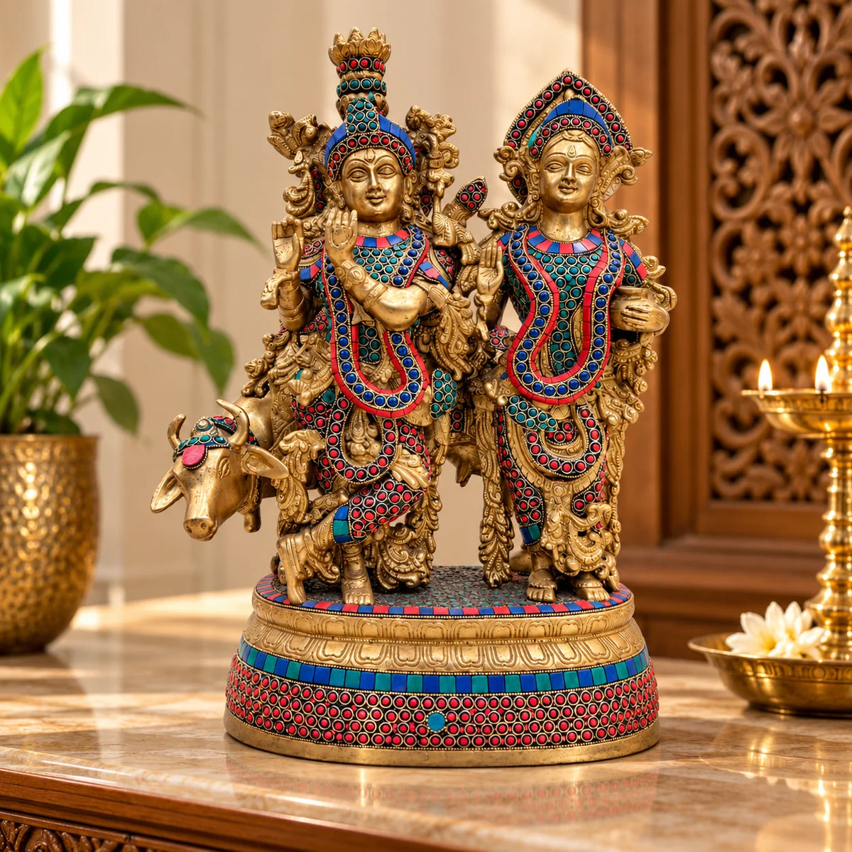 Antique Golden Radha Krishna Statue with Colorful Traditional Detailing and Cow