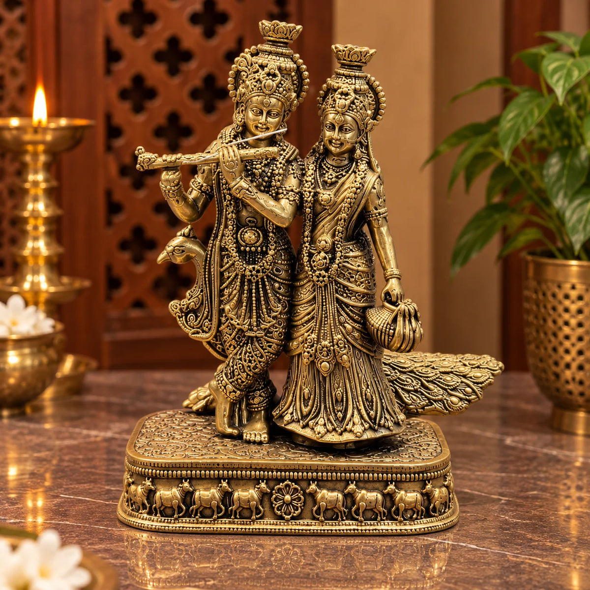 Antique Gold Radha Krishna Showpiece – Traditional Decorative Idol
