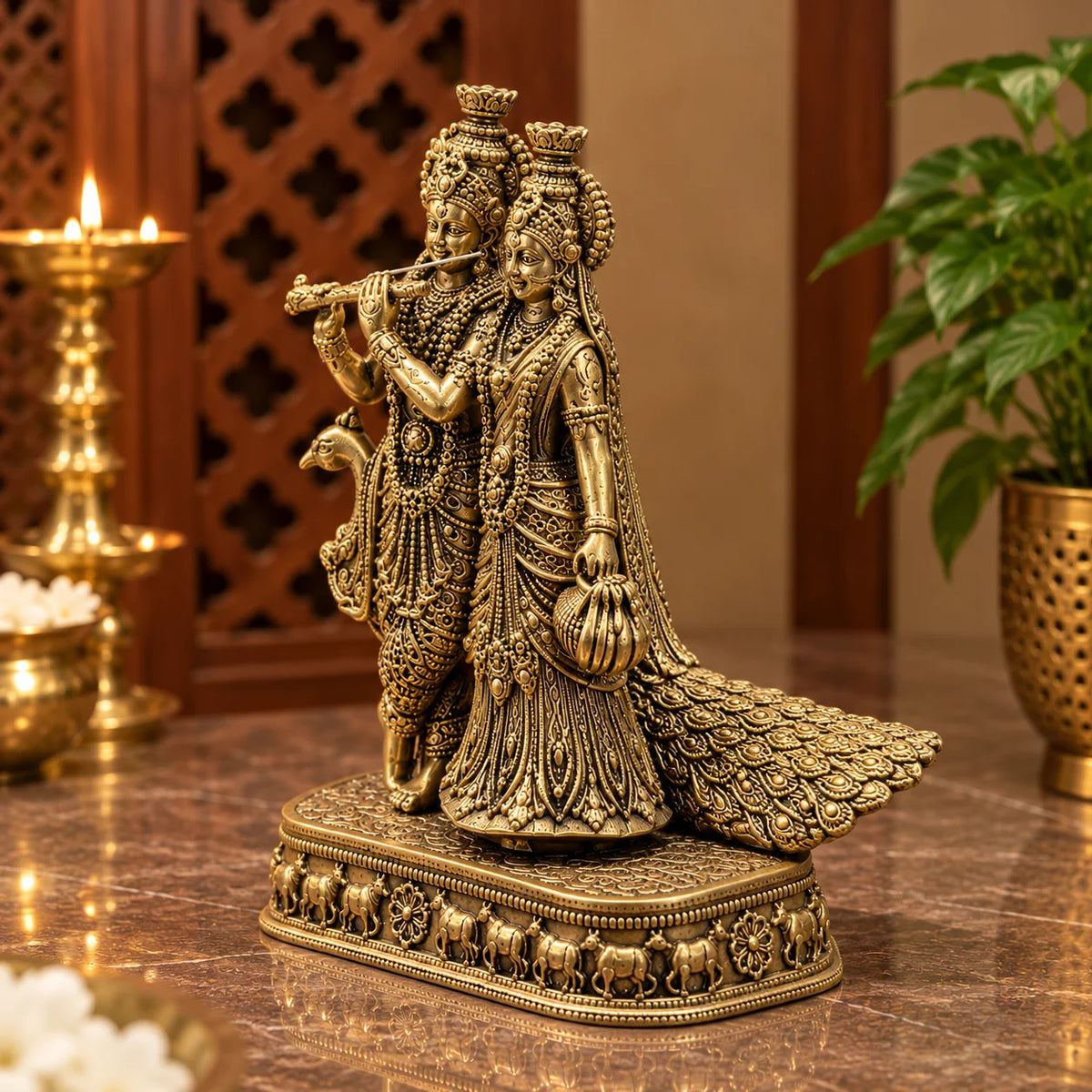 Antique Gold Radha Krishna Showpiece – Traditional Decorative Idol