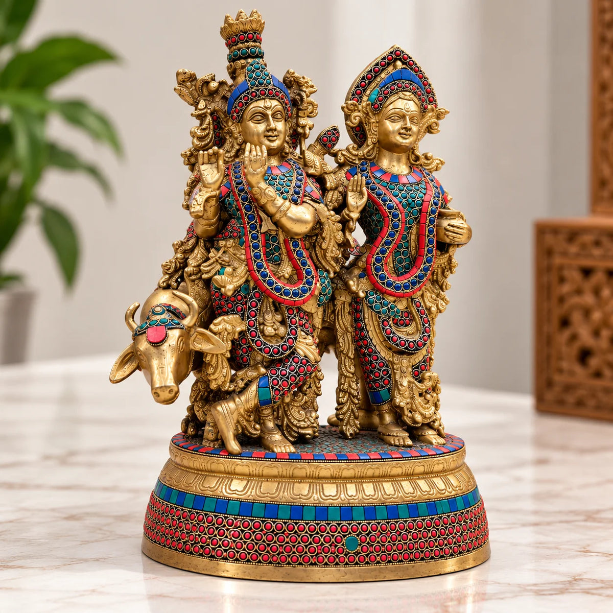 Antique Golden Radha Krishna Statue with Colorful Traditional Detailing and Cow
