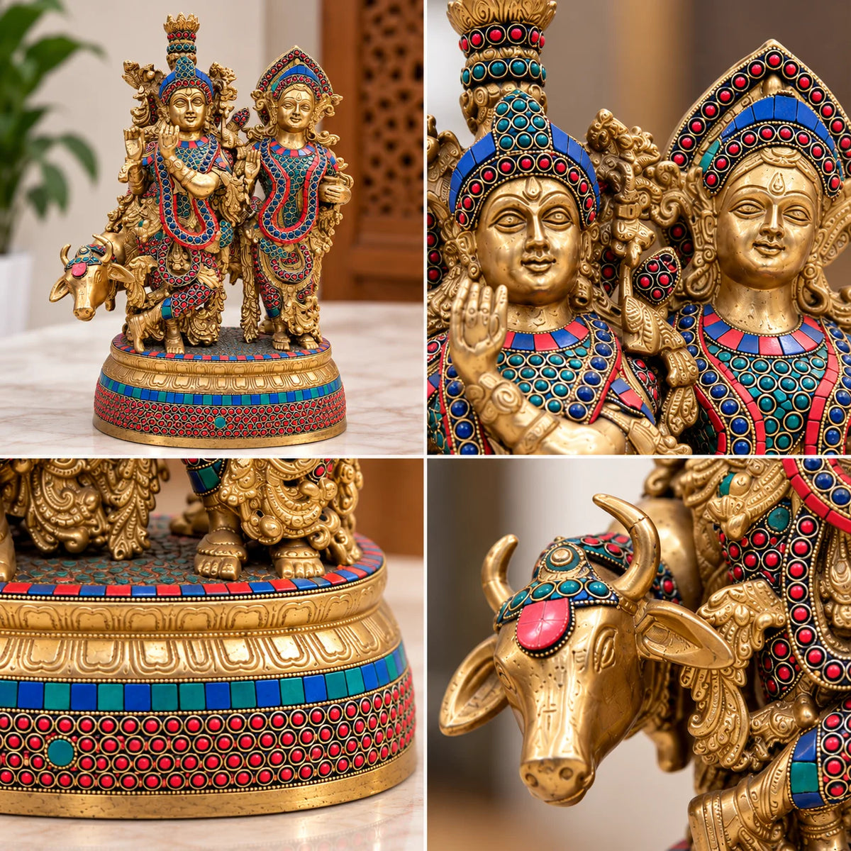 Antique Golden Radha Krishna Statue with Colorful Traditional Detailing and Cow