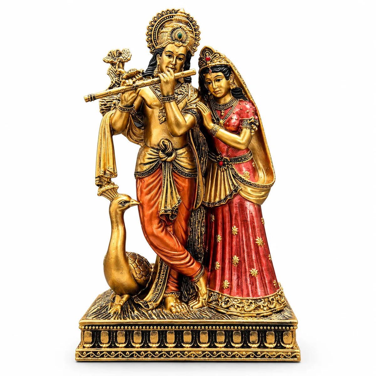 Antique Golden Radha Krishna Statue with Flute and Traditional Red Attire