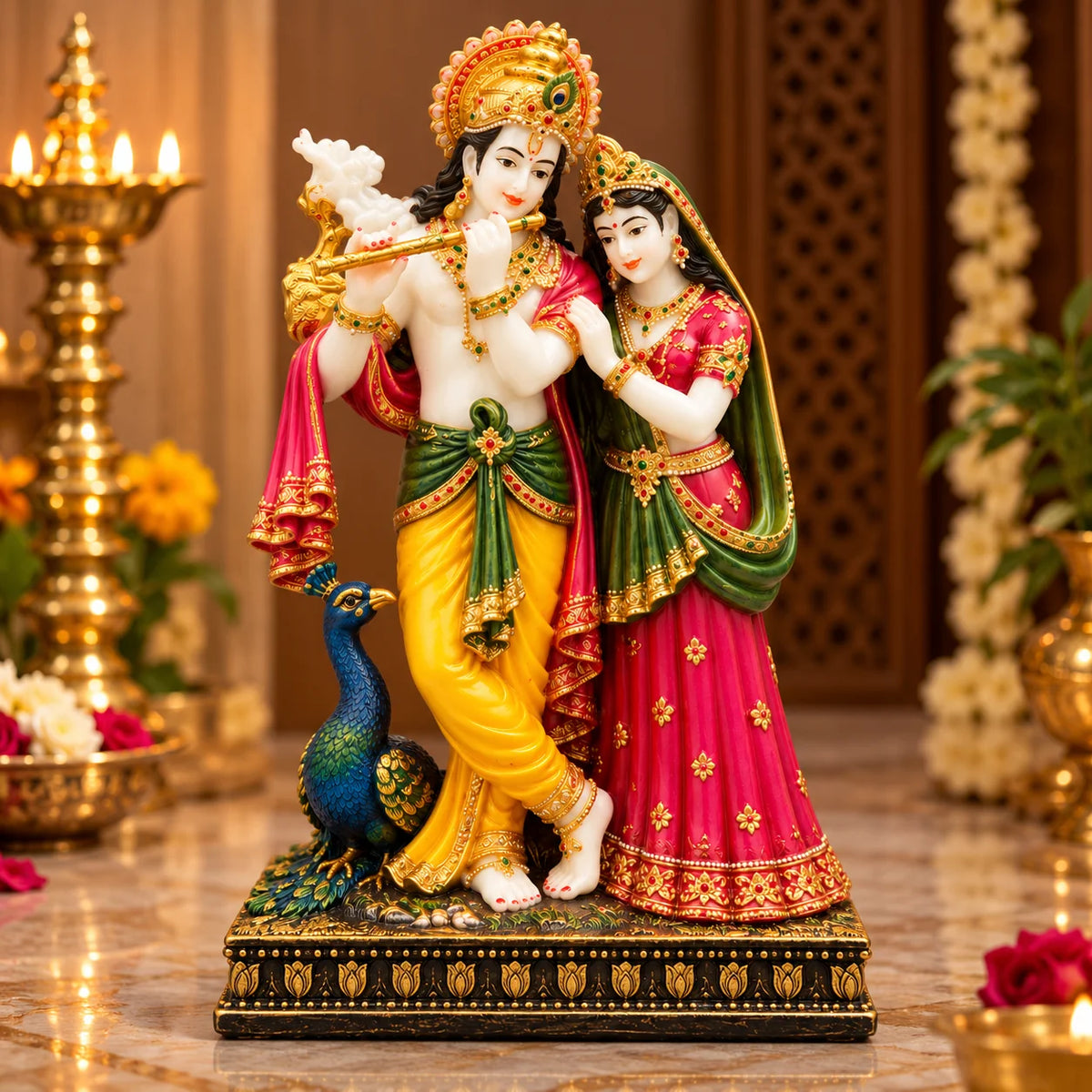 Radha Krishna Statue | Radha Krishna Idol with Peacock