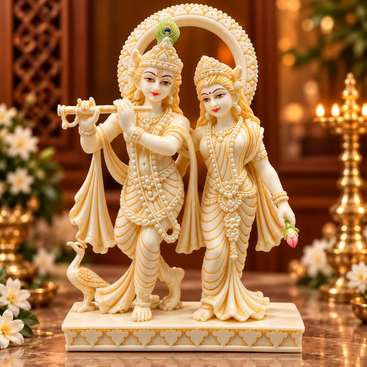 Radha Krishna Statue | Radha Krishna Idol with Peacock Feather