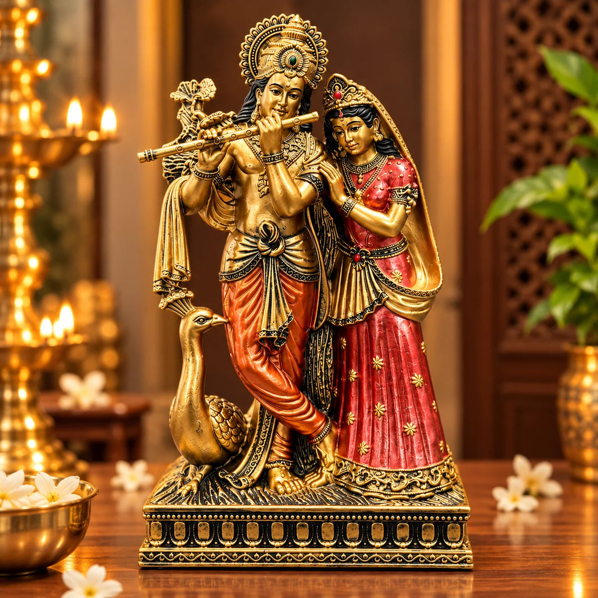 Antique Golden Radha Krishna Statue with Flute and Traditional Red Attire