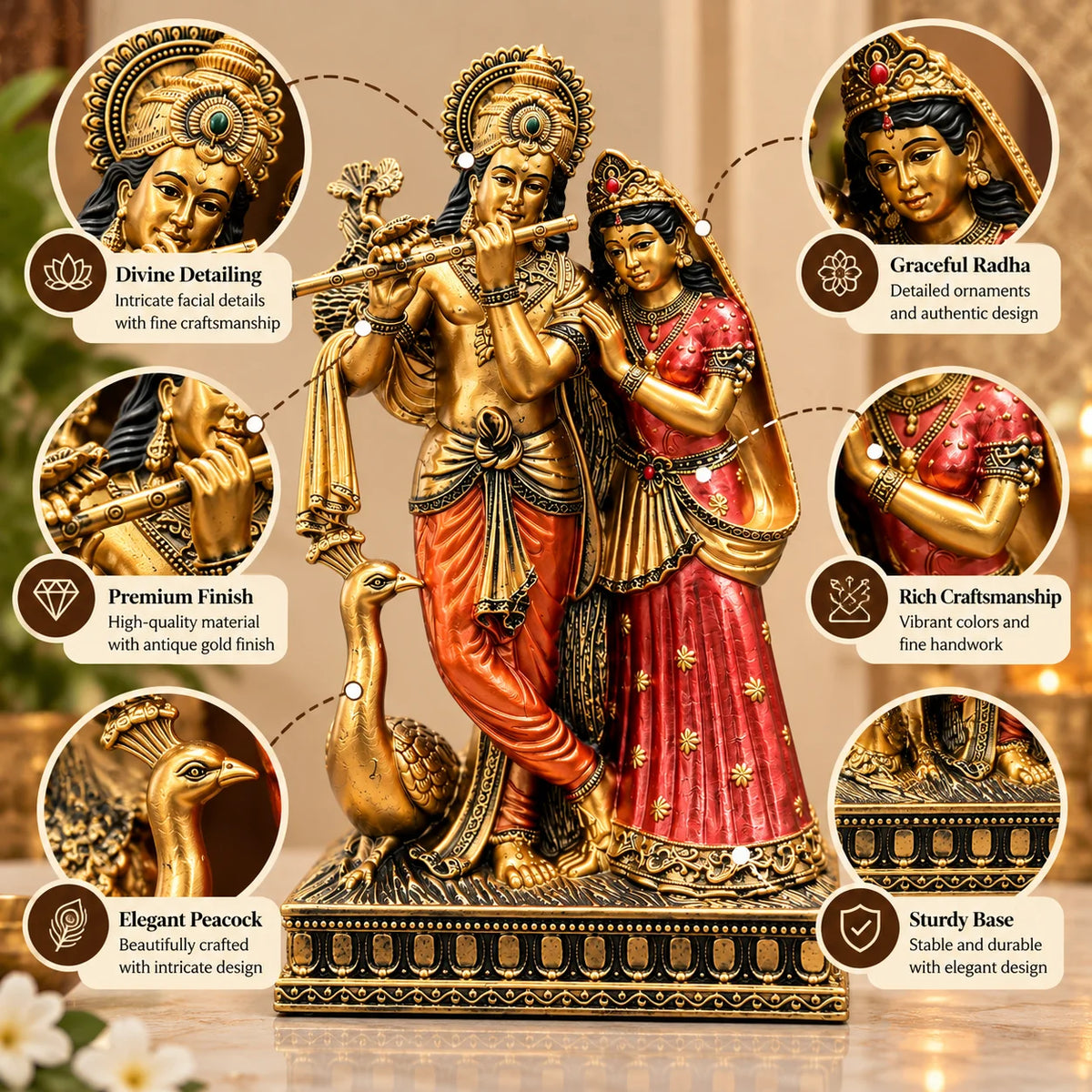 Antique Golden Radha Krishna Statue with Flute and Traditional Red Attire